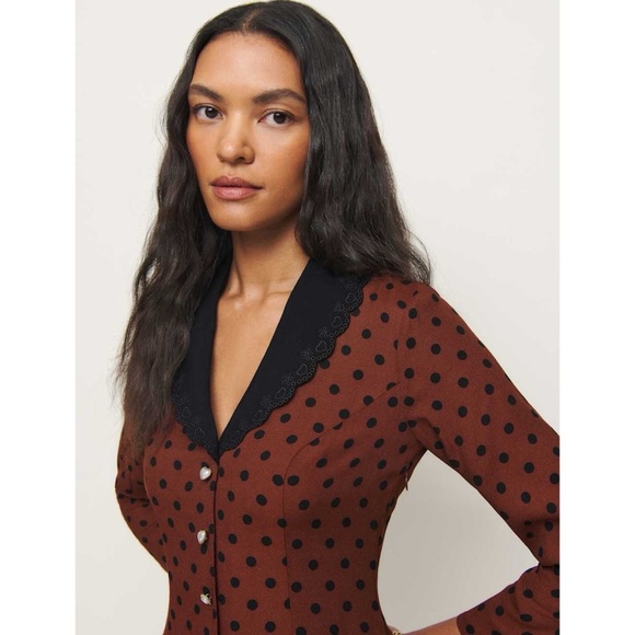 Reformation Galene Dress Mini Short Pearl Heart Sleeve Fig Jam Dot 2 - Picture 10 of 12